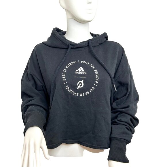 Adidas x Peloton Women’s Cropped Hoodie Black Logos Graphic Sweatshirt H48722 - Picture 2 of 14